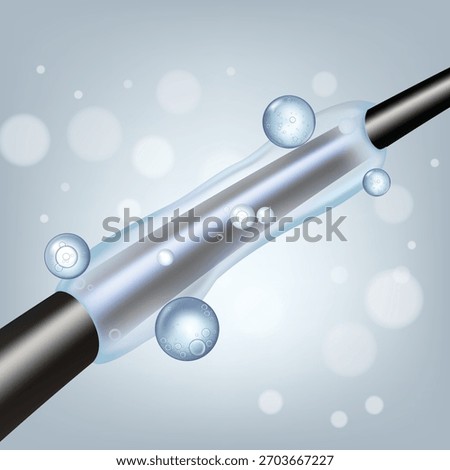 Macro 3D realistic vector illustration of a hair strand coated with a moisturizing serum. Concept for hydration, protection, or deep conditioner. Ideal for hair care advertising.