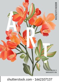 Macro astromelia wild flower bloom, realistic vector unigue gretting card. Nature alphabet design, summer garden bouquet for wedding, poster, holiday, birthday, party template. 