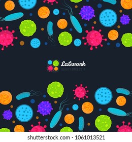 Macro bacteria and virus vector biology illustration. Colorful funny biology lab print. Illustration of bacteria and microbe organism allergen. Medicine lab template.