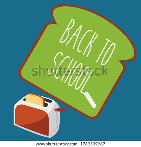 macro closeup art on funny creative toasted bread slice jumping out. toast in toaster for children breaksfast cartoon isolated illustration. back to school text clean & good morning flat design cocept