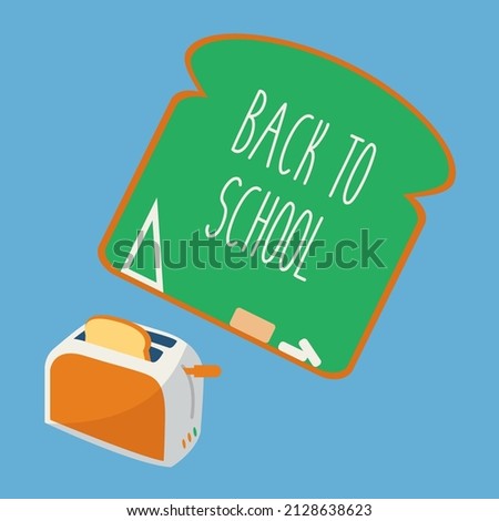 macro closeup art on funny creative toasted bread slice jumping out. toast in toaster for children breaksfast cartoon isolated illustration. back to school text clean. good morning flat design cocept