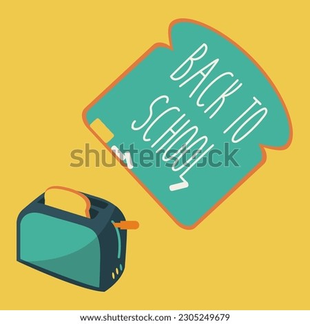 macro closeup art on funny creative toasted bread slice jumping out. toast in toaster for children breaksfast cartoon isolated illustration. back to school text clean. good morning flat design cocept