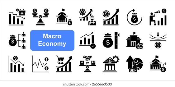 Macro Economy editable stroke icon set, with Unemployment, Inflation, GDP, Interest, Trade, Monetary, Spending.