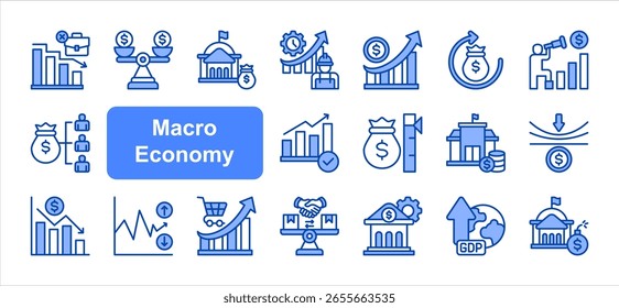 Macro Economy editable stroke icon set, with Unemployment, Inflation, GDP, Interest, Trade, Monetary, Spending.