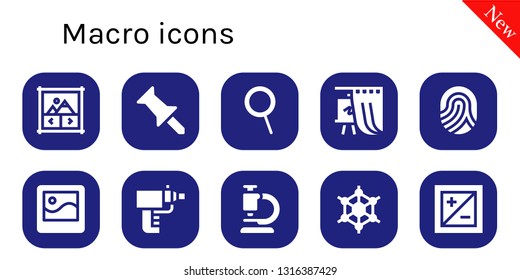 macro icon set. 10 filled macro icons.  Collection Of - Image gallery, Push pin, Zoom, Gallery, Fingerprint, Picture, Particle gun, Microscope, Graphene, Exposure