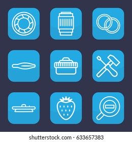 Macro icon. set of 9 outline macro icons such as tweezers, camera shutter, camera lense, zoom out, strawberry