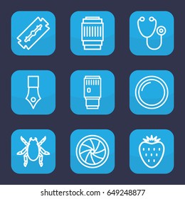 Macro icon. set of 9 outline macro icons such as beetle, razor, stethoscope, camera shutter, camera lense, strawberry