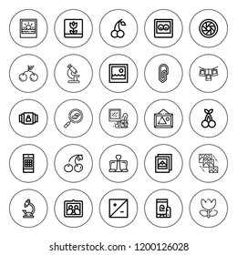 Macro icon set. collection of 25 outline macro icons with blood cells, cherry, clip, exposure, gallery, fingerprint, image gallery, macro, microscope icons. editable icons.
