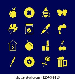 macro icon. macro vector icons set dropper pipette, coffee jar, peach and fountain pen