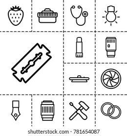 Macro icons. set of 13 editable outline macro icons such as razor, ink pen, stethoscope, screwdriver, glue pen, camera shutter, camera lense, camera bulb