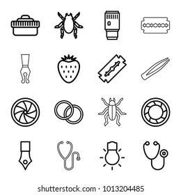 Macro icons. set of 16 editable outline macro icons such as beetle, razor, ink pen, stethoscope, camera shutter, camera lense, camera bulb, strawberry