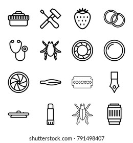 Macro icons. set of 16 editable outline macro icons such as beetle, tweezers, ink pen, stethoscope, screwdriver, glue pen, camera shutter, camera lense, strawberry