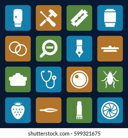 macro icons set. Set of 16 macro filled icons such as beetle, razor, tweezers, stethoscope, glue pen, camera shutter, camera lense, zoom out, strawberry, ink pen