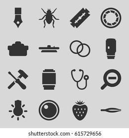 Macro icons set. set of 16 macro filled icons such as beetle, razor, tweezers, stethoscope, camera shutter, camera lense, camera bulb, zoom out, strawberry, ink pen