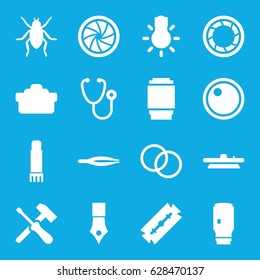 Macro icons set. set of 16 macro filled icons such as beetle, razor, tweezers, stethoscope, glue pen, camera shutter, camera lense, camera bulb, ink pen