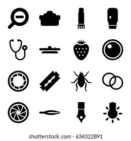 Macro icons set. set of 16 macro filled icons such as beetle, razor, tweezers, stethoscope, glue pen, camera shutter, camera lense, camera bulb, zoom out, strawberry