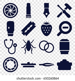 Macro icons set. set of 16 macro filled icons such as beetle, razor, tweezers, stethoscope, glue pen, camera shutter, camera lense, zoom out, strawberry, ink pen