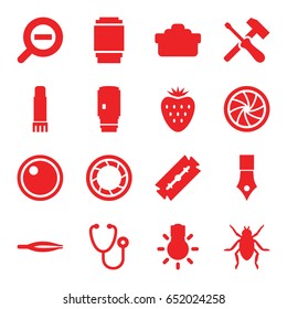 Macro icons set. set of 16 macro filled icons such as beetle, razor, tweezers, stethoscope, glue pen, camera shutter, camera lense, camera bulb, zoom out, strawberry, ink pen