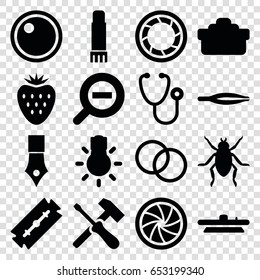 Macro icons set. set of 16 macro filled icons such as beetle, razor, tweezers, stethoscope, glue pen, camera shutter, camera lense, camera bulb, zoom out, strawberry, ink pen