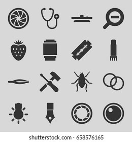 Macro icons set. set of 16 macro filled icons such as beetle, razor, tweezers, stethoscope, glue pen, camera shutter, camera lense, camera bulb, zoom out, strawberry, ink pen