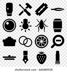 Macro icons set. set of 16 macro filled icons such as beetle, razor, tweezers, glue pen, camera shutter, camera lense, camera bulb, zoom out, strawberry, ink pen