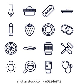 macro icons set. Set of 16 macro outline icons such as razor, tweezers, stethoscope, glue pen, camera shutter, camera lens, camera bulb, zoom out, strawberry, ink pen