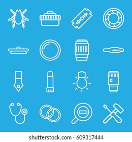 Macro icons set. set of 16 macro outline icons such as beetle, razor, tweezers, stethoscope, glue pen, camera shutter, camera lense, camera bulb, zoom out, ink pen