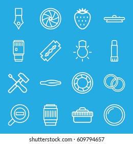 Macro icons set. set of 16 macro outline icons such as razor, tweezers, glue pen, camera shutter, camera lense, camera bulb, zoom out, strawberry, ink pen