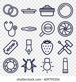 Macro icons set. set of 16 macro outline icons such as beetle, razor, tweezers, stethoscope, glue pen, camera shutter, camera lense, camera bulb, zoom out, strawberry, ink pen