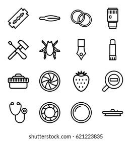 Macro icons set. set of 16 macro outline icons such as beetle, razor, tweezers, stethoscope, glue pen, camera shutter, camera lense, zoom out, strawberry, ink pen