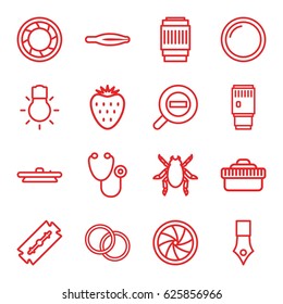 Macro icons set. set of 16 macro outline icons such as beetle, razor, tweezers, stethoscope, camera shutter, camera lense, camera bulb, zoom out, strawberry