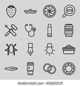 Macro icons set. set of 16 macro outline icons such as beetle, tweezers, stethoscope, glue pen, camera shutter, camera lense, camera bulb, zoom out, strawberry, ink pen