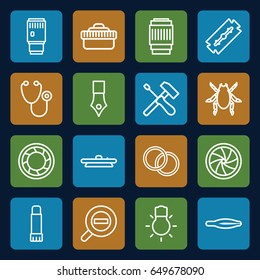 Macro icons set. set of 16 macro outline icons such as beetle, razor, tweezers, stethoscope, glue pen, camera shutter, camera lense, camera bulb, zoom out, ink pen