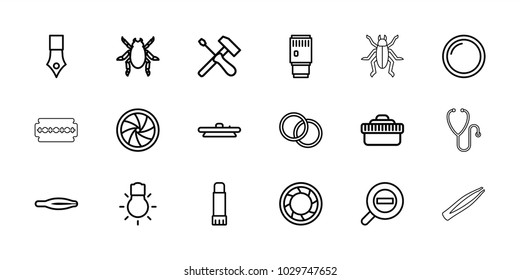 Macro icons. set of 18 editable outline macro icons: beetle, tweezers, ink pen, screwdriver, glue pen, camera shutter, camera lense, camera bulb, zoom out, razor