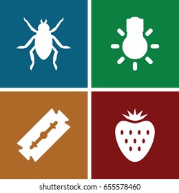 Macro icons set. set of 4 macro filled icons such as beetle, razor, camera bulb