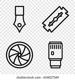 Macro icons set. set of 4 macro outline icons such as razor, camera shutter, camera lense