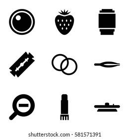 macro icons set. Set of 9 macro filled icons such as razor, tweezers, glue pen, camera lense, zoom out