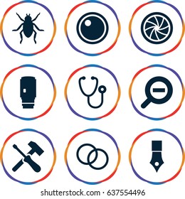 Macro icons set. set of 9 macro filled icons such as beetle, stethoscope, camera shutter, camera lense, zoom out, ink pen