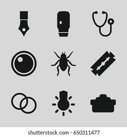 Macro icons set. set of 9 macro filled icons such as beetle, razor, stethoscope, camera lense, camera bulb