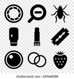 Macro icons set. set of 9 macro filled icons such as beetle, razor, glue pen, camera shutter, camera lense, zoom out