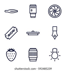 macro icons set. Set of 9 macro outline icons such as razor, tweezers, camera shutter, camera lense, camera bulb, strawberry