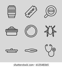 Macro icons set. set of 9 macro outline icons such as beetle, razor, tweezers, stethoscope, camera lense