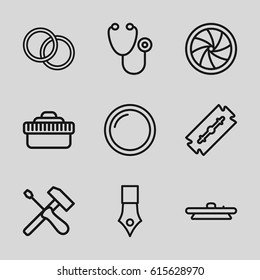 Macro icons set. set of 9 macro outline icons such as razor, stethoscope, camera shutter, camera lense, ink pen