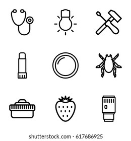 Macro icons set. set of 9 macro outline icons such as beetle, stethoscope, glue pen, camera lense, camera bulb, strawberry