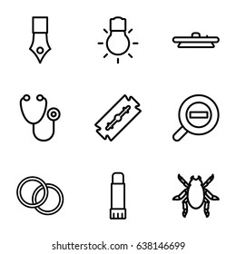 Macro icons set. set of 9 macro outline icons such as beetle, razor, stethoscope, glue pen, camera lense, camera bulb, zoom out