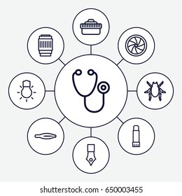 Macro icons set. set of 9 macro outline icons such as beetle, tweezers, stethoscope, glue pen, camera shutter, camera lense, camera bulb