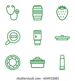 Macro icons set. set of 9 macro outline icons such as stethoscope, glue pen, camera shutter, camera lense, zoom out