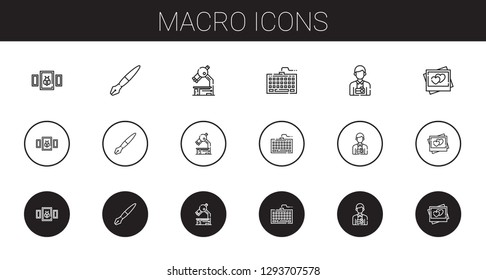 macro icons set. Collection of macro with picture, fountain pen, microscope, keyboard, photographer. Editable and scalable macro icons.
