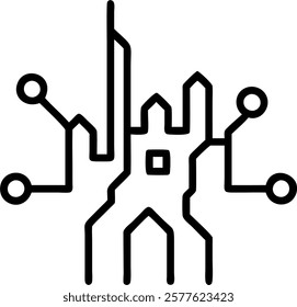 Macro image of a circuit board forming a city skyline concept as A detailed close up of a circuit board whose pathways form the silhouette of a city skyline. This illustrates the i