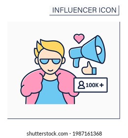 Macro influencer color icon. Blogger with one hundred thousand plus subscribes. High influence on people. Popular person. Blogging concept. Isolated vector illustration